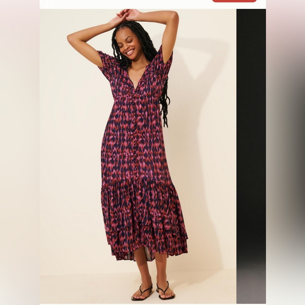 Anthropologie printed ruched sleeve maxi dress